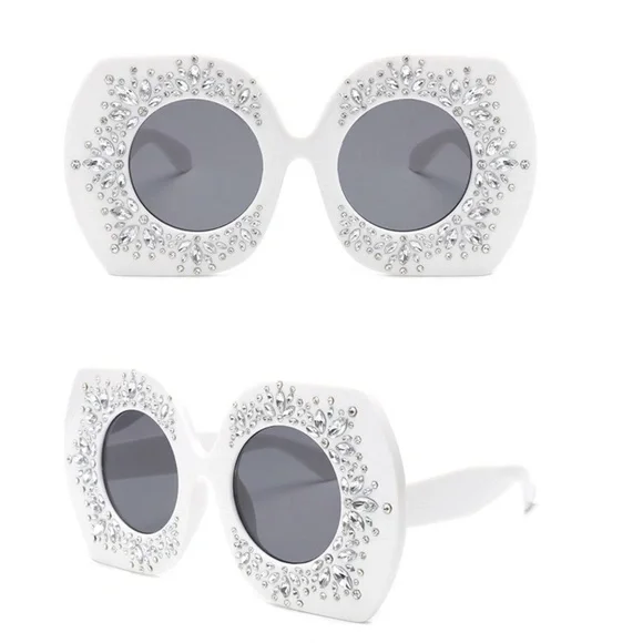 Giant Glam Girl White Rhinestone Encrusted Oversized Sunglasses - Picture 3 of 6